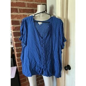 Ruffle Sleeve Blouse Blue 4X Boho Button Front Plus Size Top Summer Lightweight